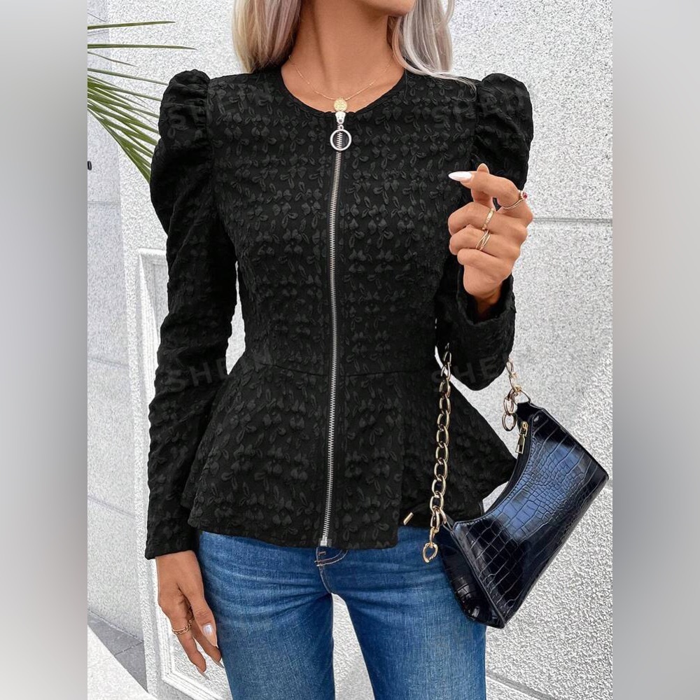 NEW SHEIN Frenchy Gigot Sleeve Zip Up Peplum Jacket
